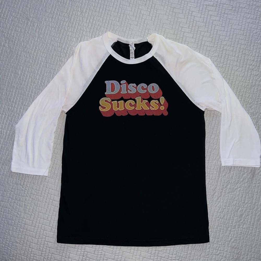 Black and White Raglan Disco Sucks Baseball Tee with 3/4 Sleeve Size Medium